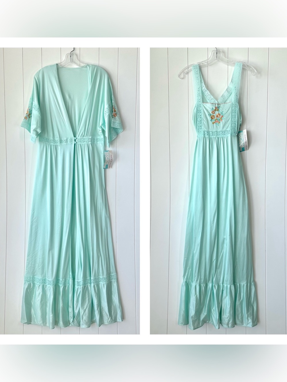 NWT VINTAGE 70s 80s SEARS Embroidered Floral Nightgown and Robe Set L Union Made